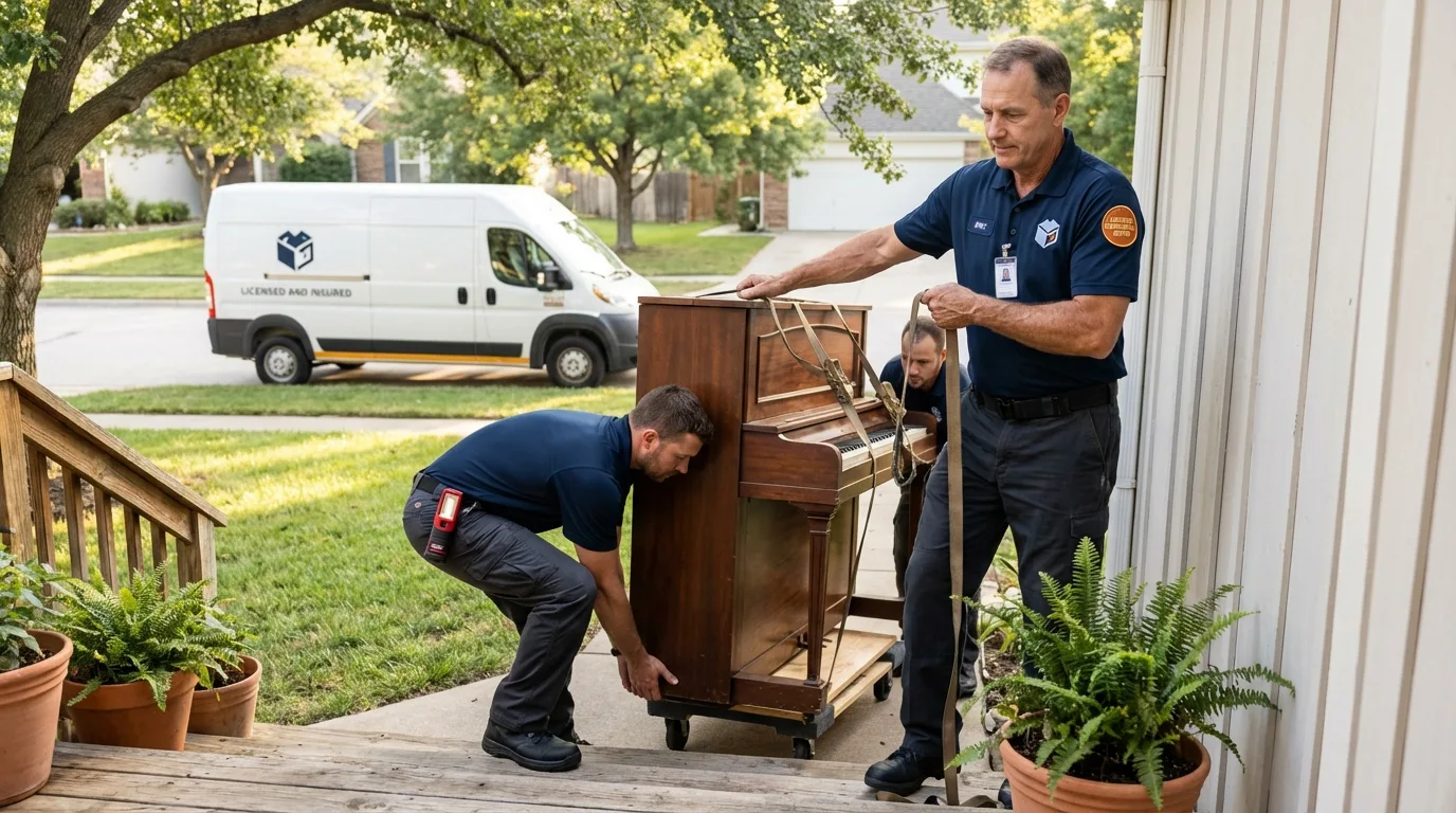 Licensed piano movers securing grand piano in Eden, NC