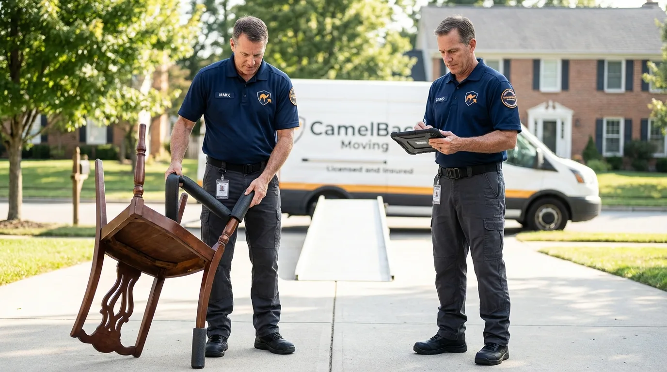 Movers inspecting furniture for damage prevention before loading in Eden, NC