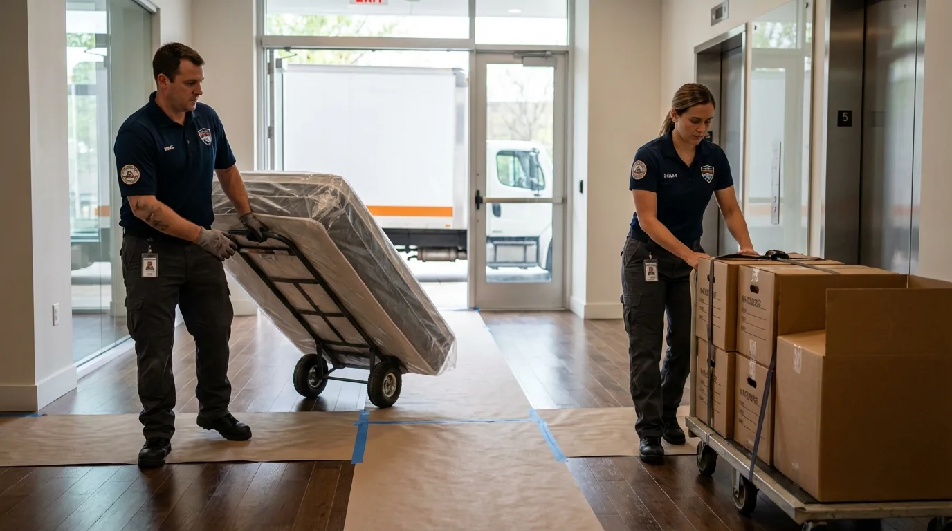 Professional apartment movers loading elevator in Eden, NC